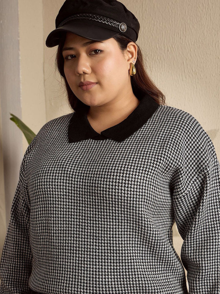 Berrylush Curve Women Printed Shirt Collar Pullover Sweater