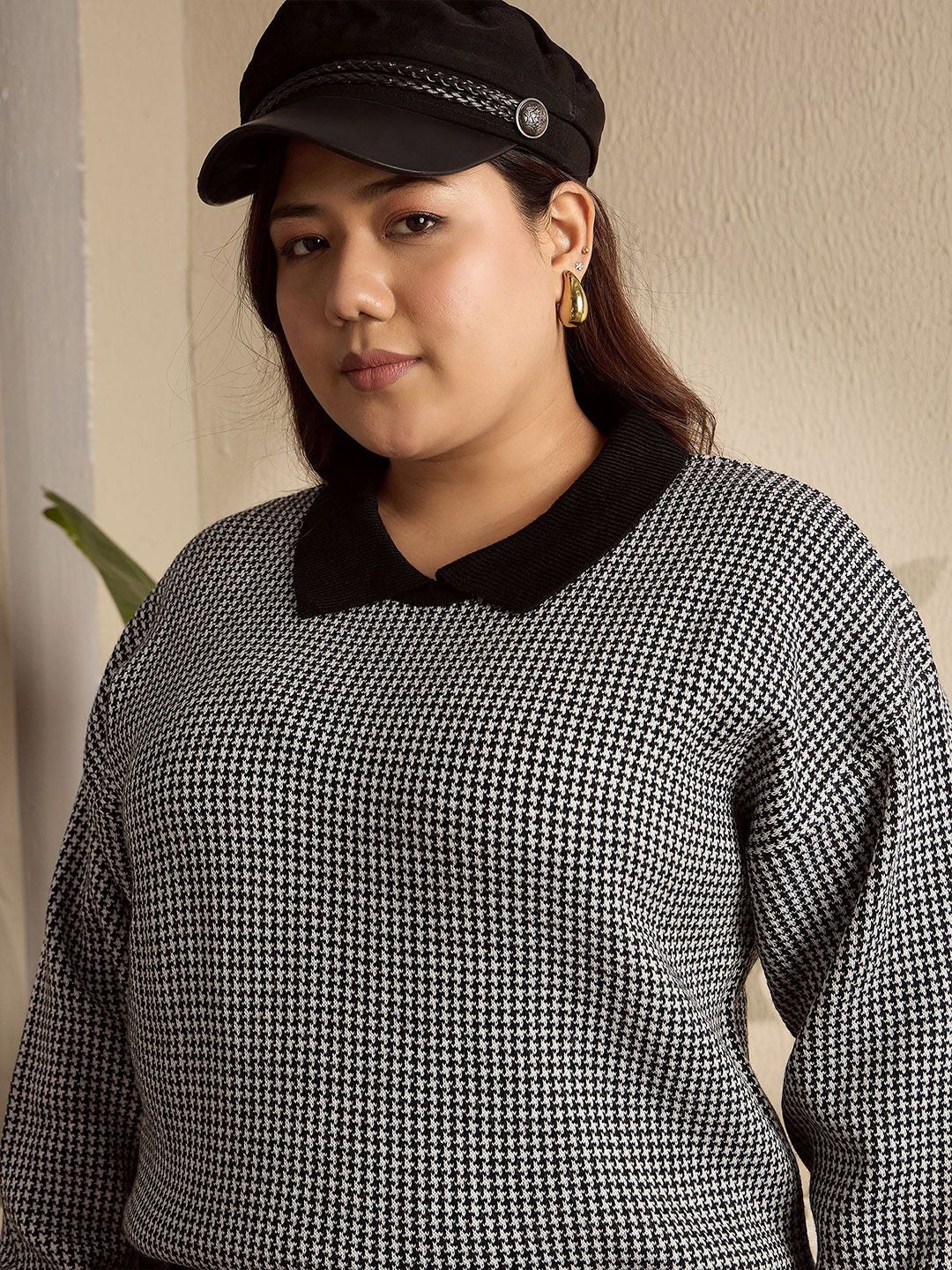 Berrylush Curve Women Printed Shirt Collar Pullover Sweater