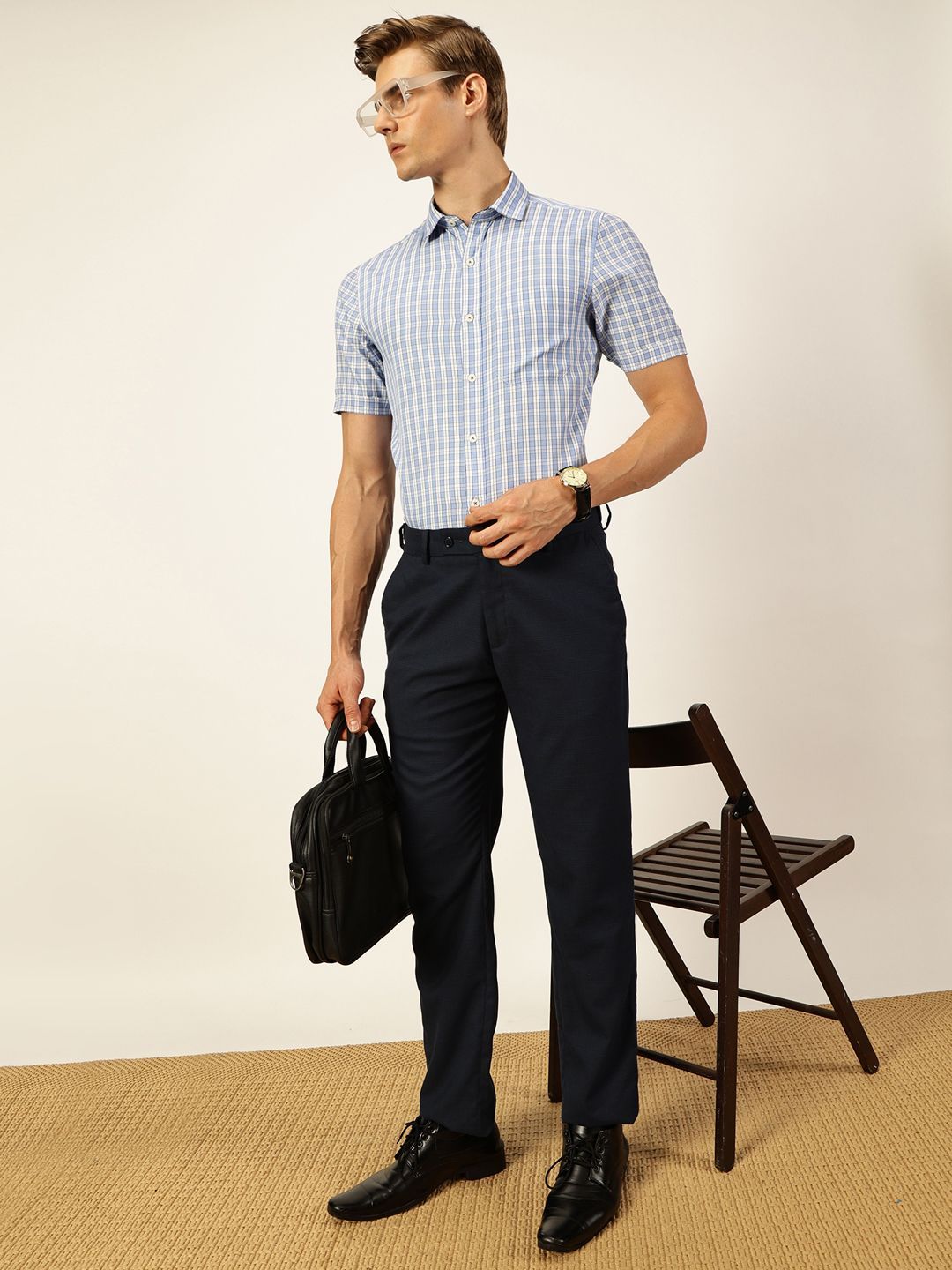 Thomas Scott Men Smart Spread Collar Tartan Checked Cotton Formal Shirt