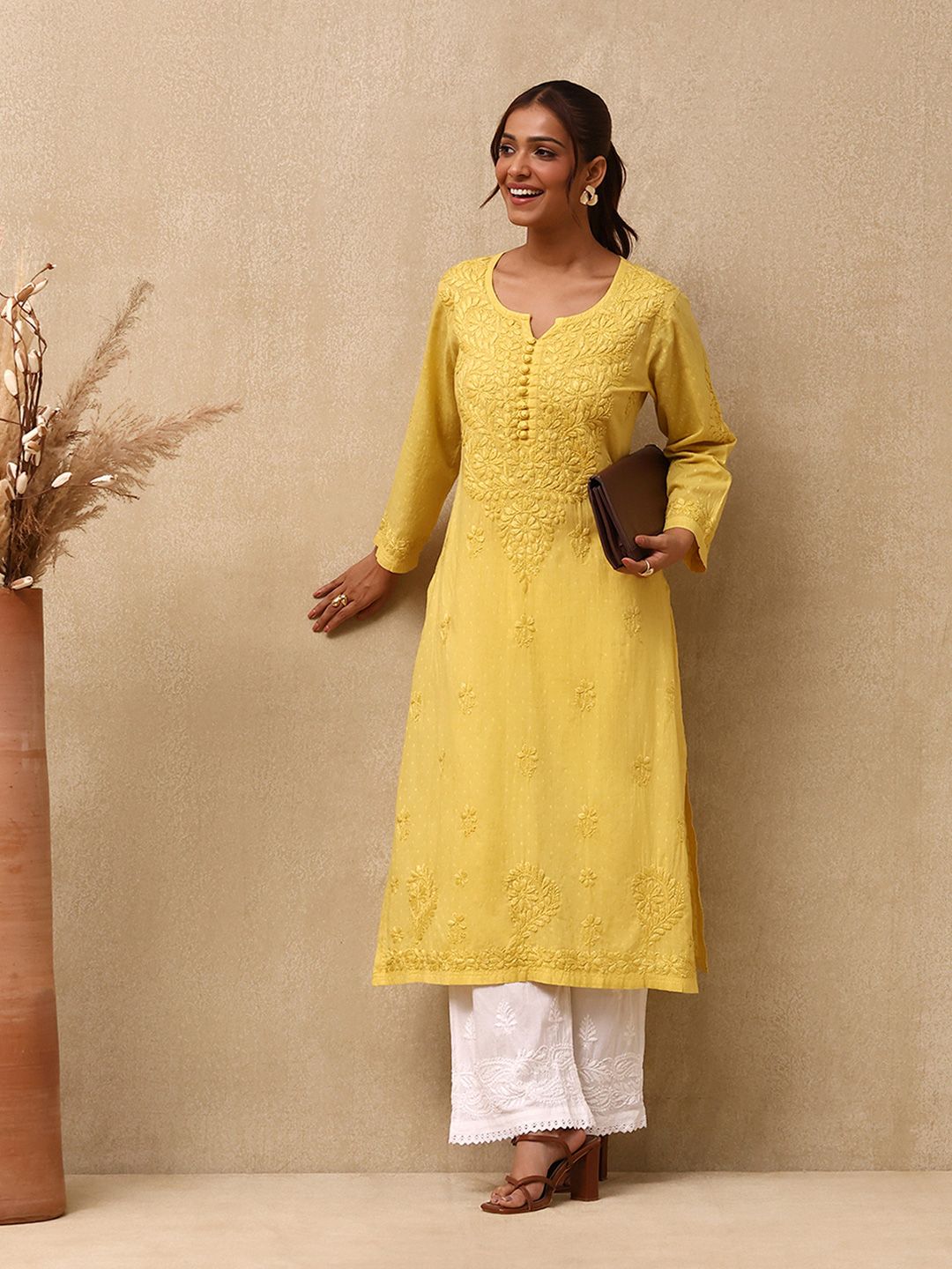 Rumah Wanita Chikankari Cotton Kuning Chikankari Sulam Kurta