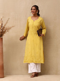 Rumah Wanita Chikankari Cotton Kuning Chikankari Sulam Kurta