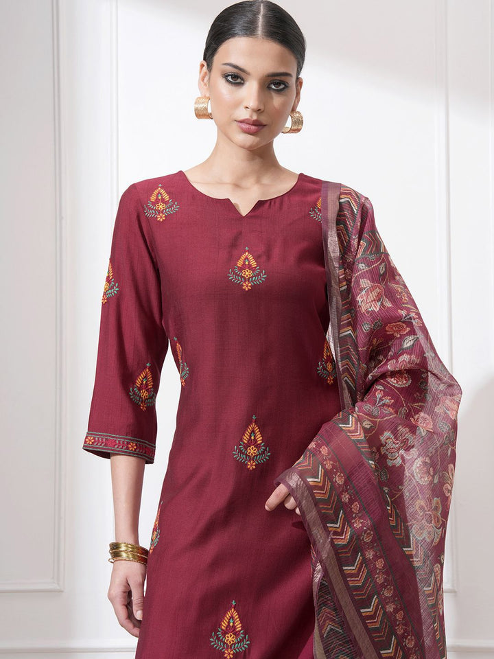 Vishudh Women Ethnic Motifs Embroidered Regular Thread Work Kurta with Trousers & With Dupatta