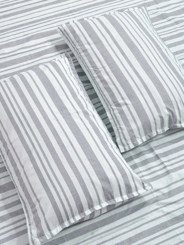 Aura Grey & Off White Striped 300 TC Fitted King Bedsheet Set 2.5 x 2.25 m