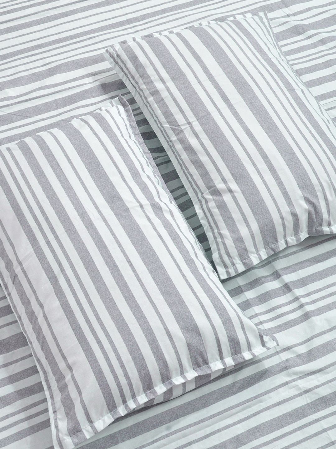 Aura Grey & Off White Striped 300 TC Fitted King Bedsheet Set 2.5 x 2.25 m