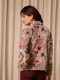 SANSKRUTIHOMES Women Lapel Collar Floral Printed Velvet Casual Tailored Jacket