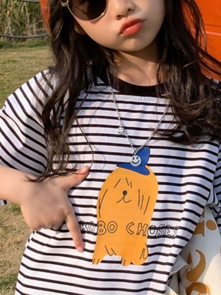 YK Girls Striped Polo Collar Pockets T-shirt