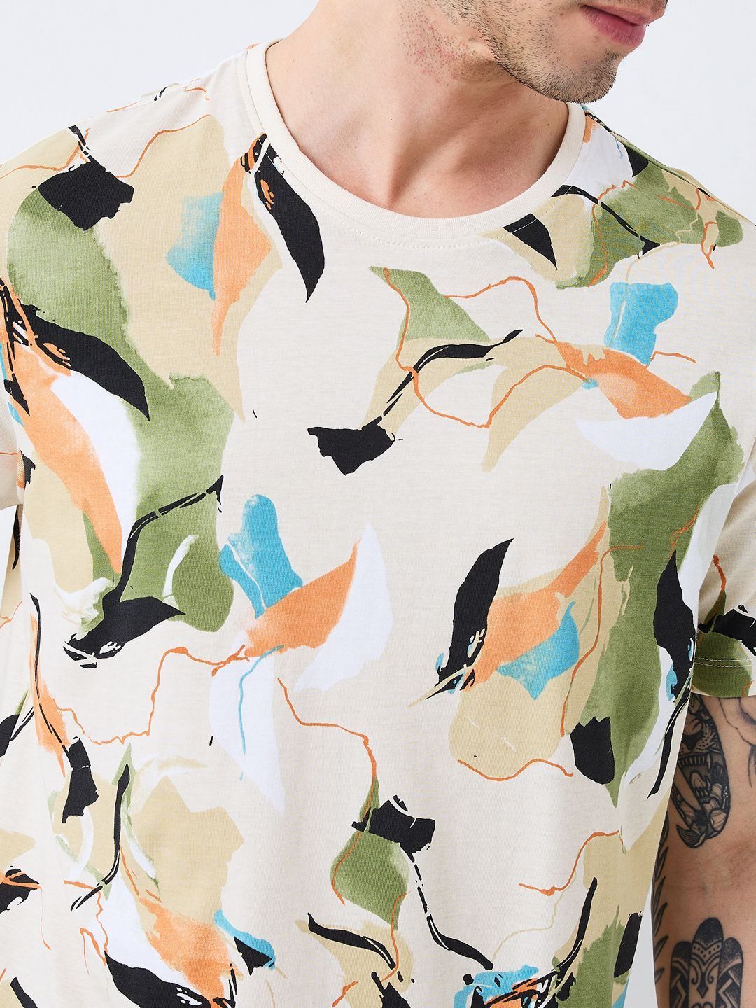 SPYKAR Men Abstract Printed Round Neck Cotton Slim Fit T-shirt