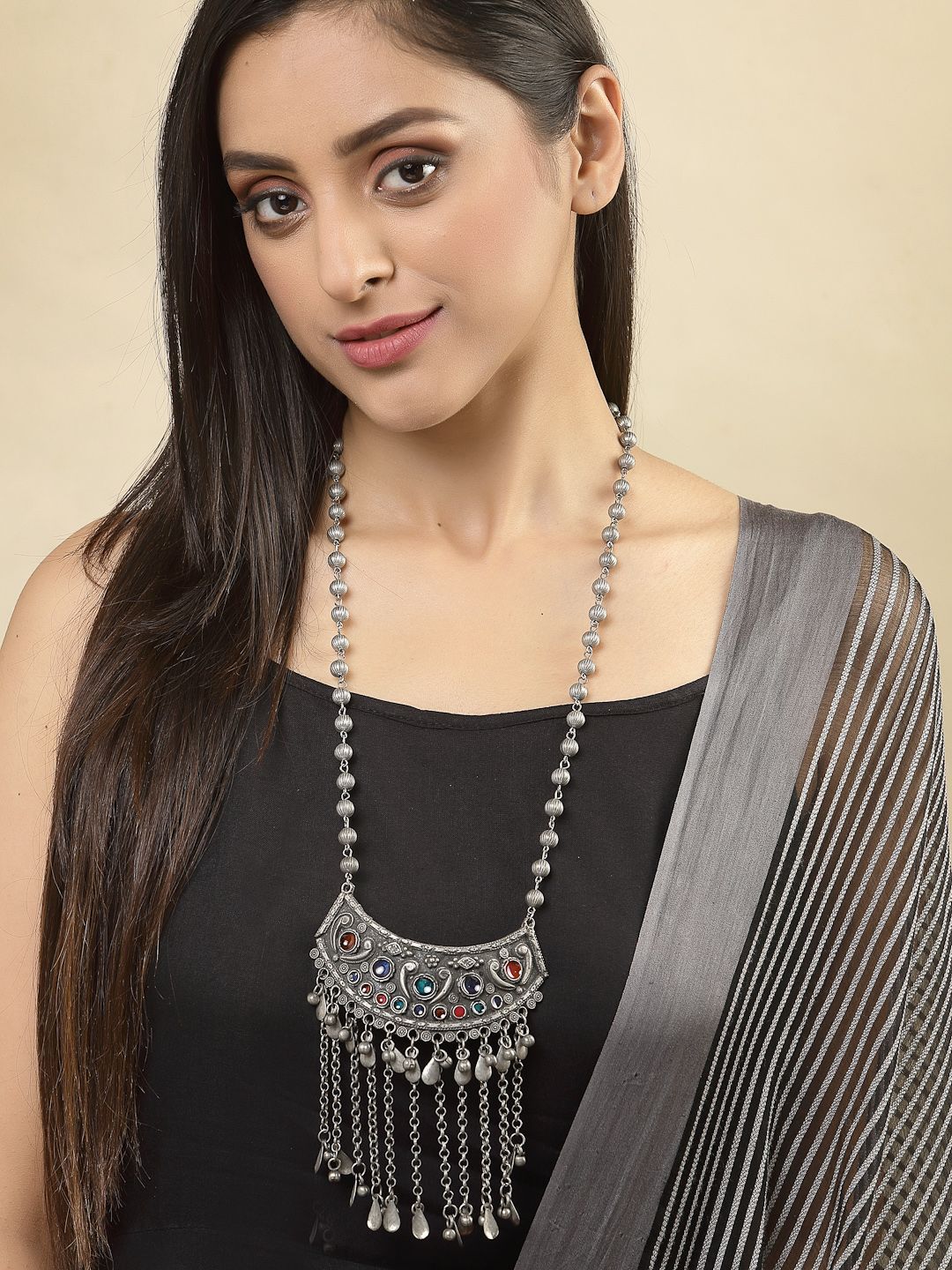 Anouk German Silver-Plated Artificial Stones Studded Oxidised Statement Necklace