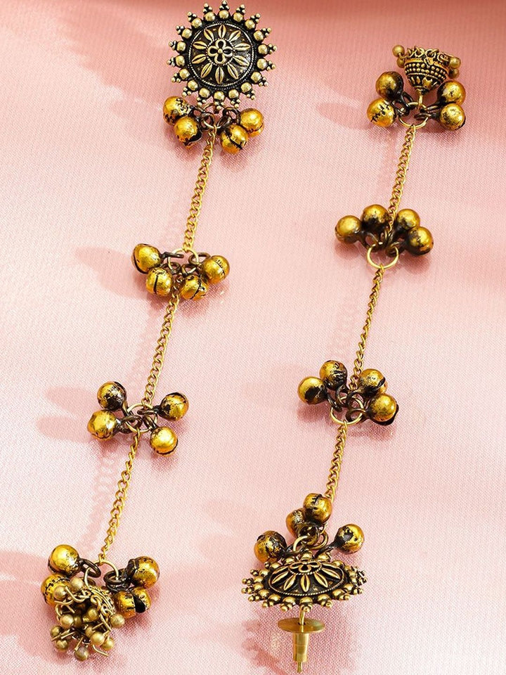 Rubans Oxidised 18K Gold Plated Flower Motif & Golden Ghungroo Beaded Long Drop Earrings