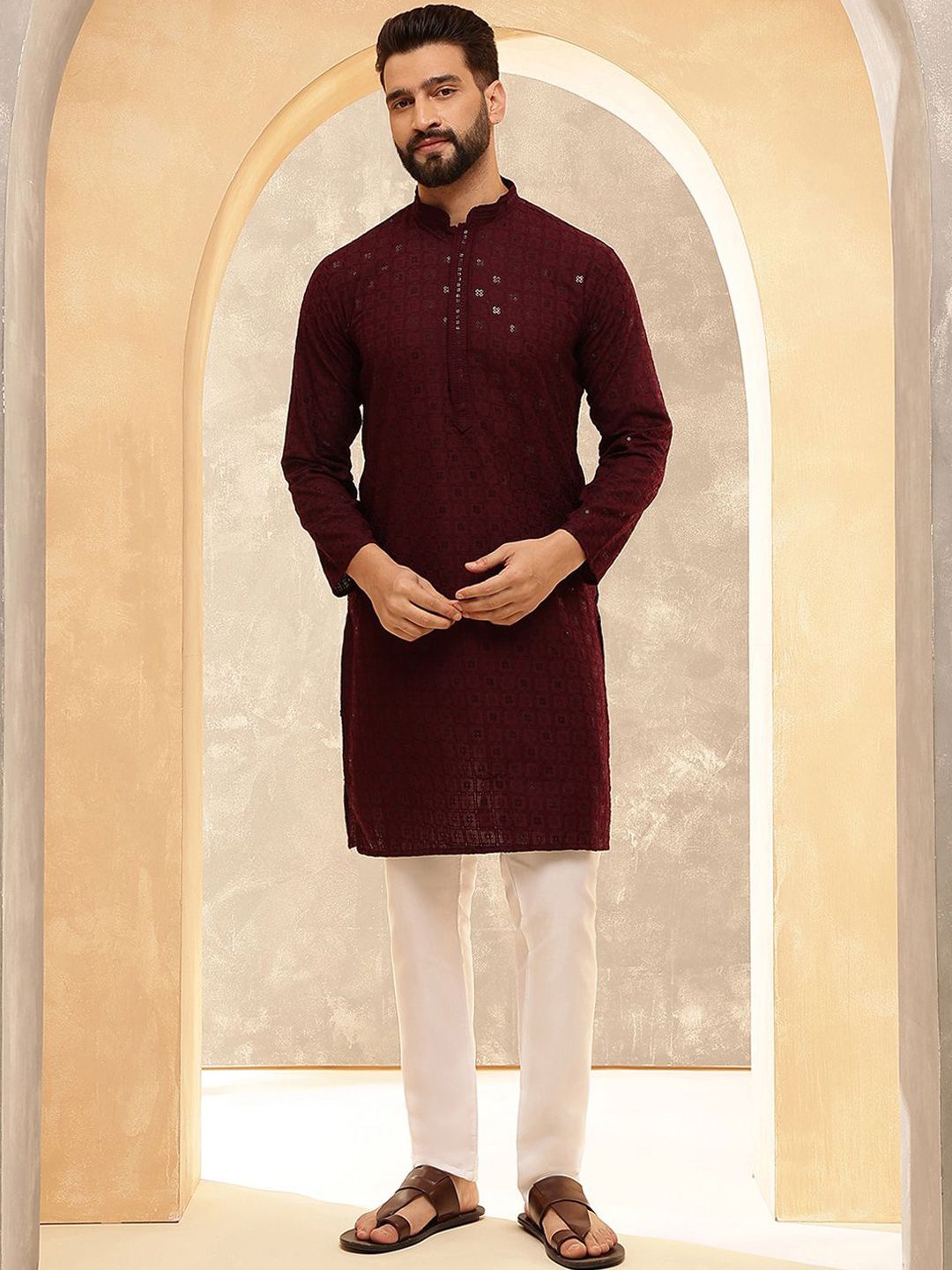 Anouk Burgundy Geometric Embroidered Sequence Mandarin Collar Straight Kurta