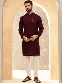 Anouk Burgundy Geometric Embroidered Sequence Mandarin Collar Straight Kurta