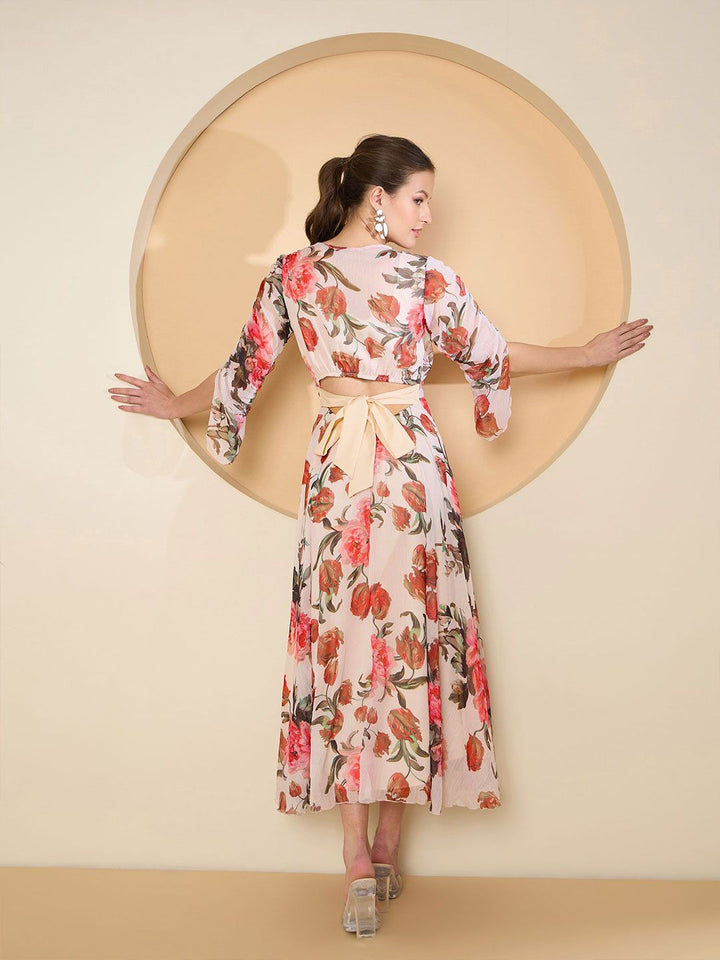 Antheaa Floral Print Chiffon Fit & Flare Midi Dress
