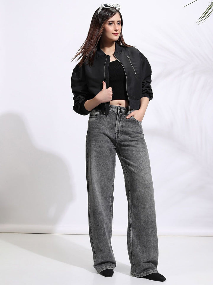 Tokyo Talkies Women Stand Collar Solid Casual Biker Jacket