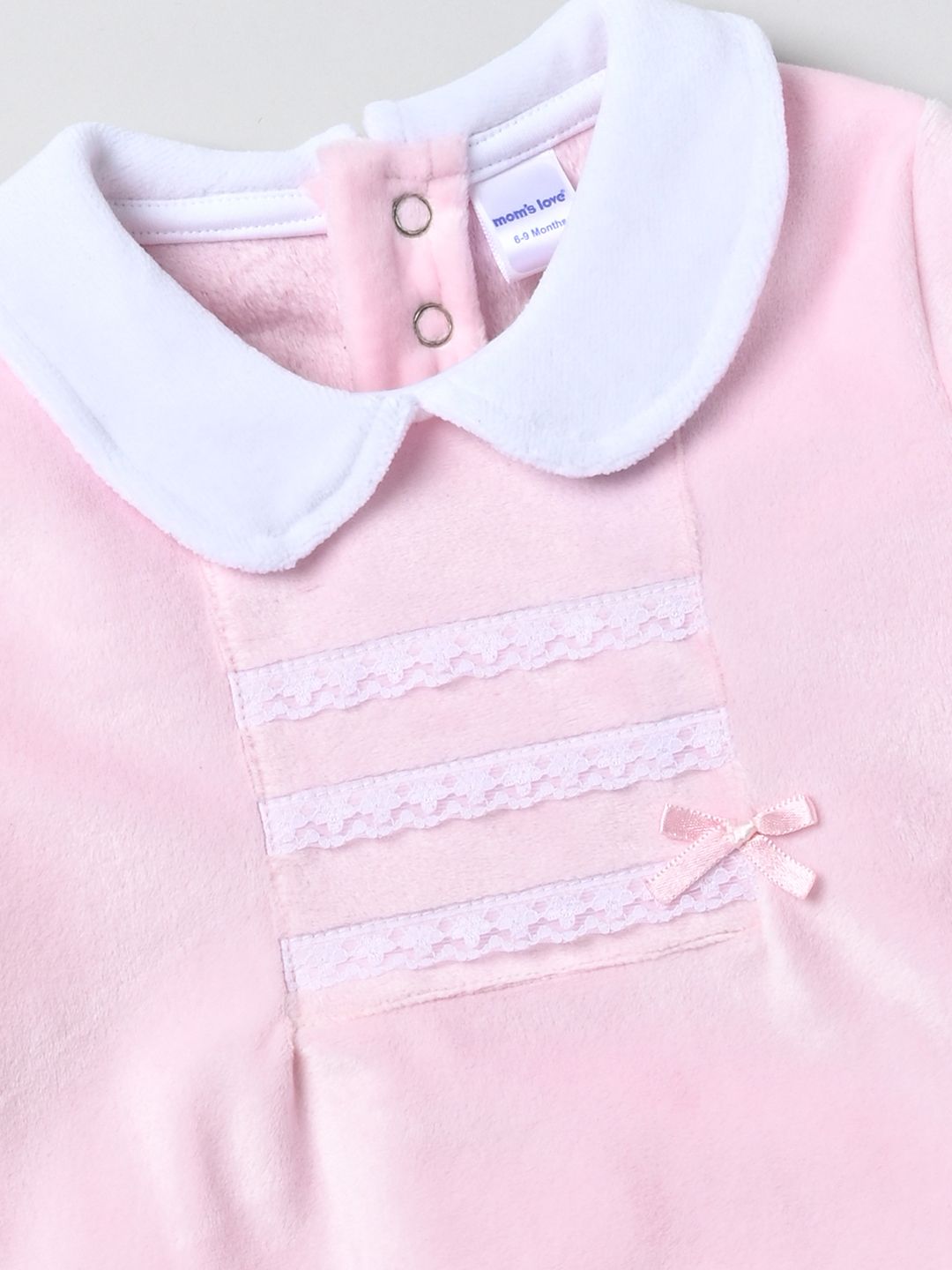 Moms Love Infant Girls Cotton Velvet Finish Lace Detail Sleepsuit with Beanie Cap