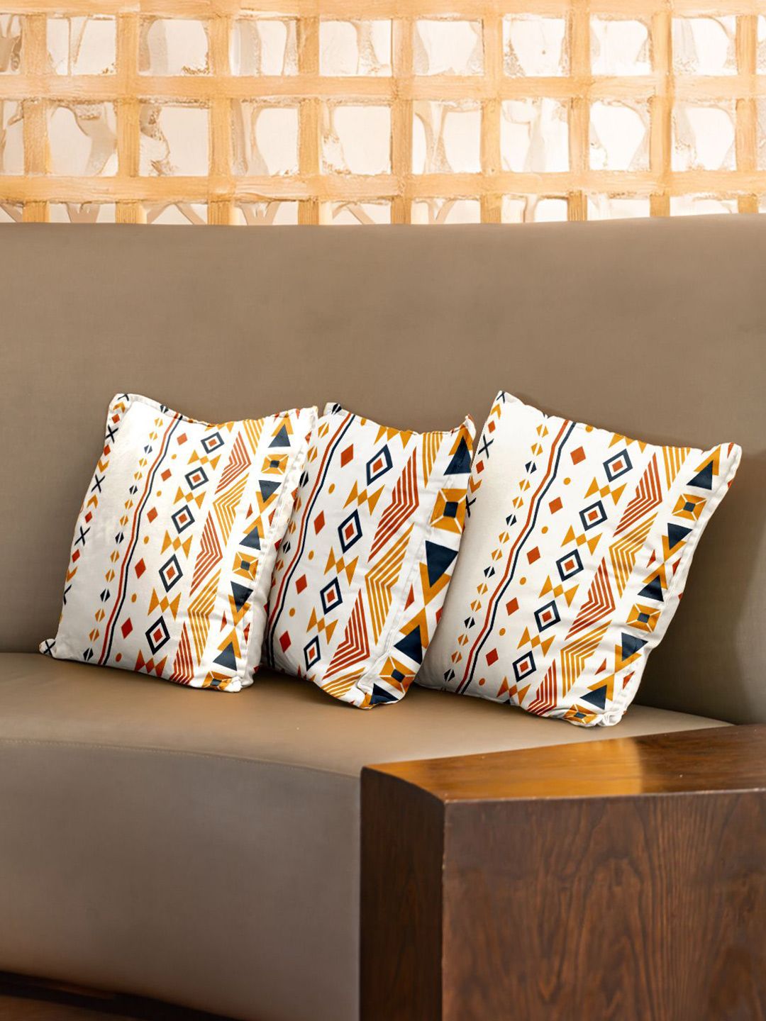 URBAN SPACE Orange & White 3 Pieces Geometric Printed Cotton Square Cushion Covers