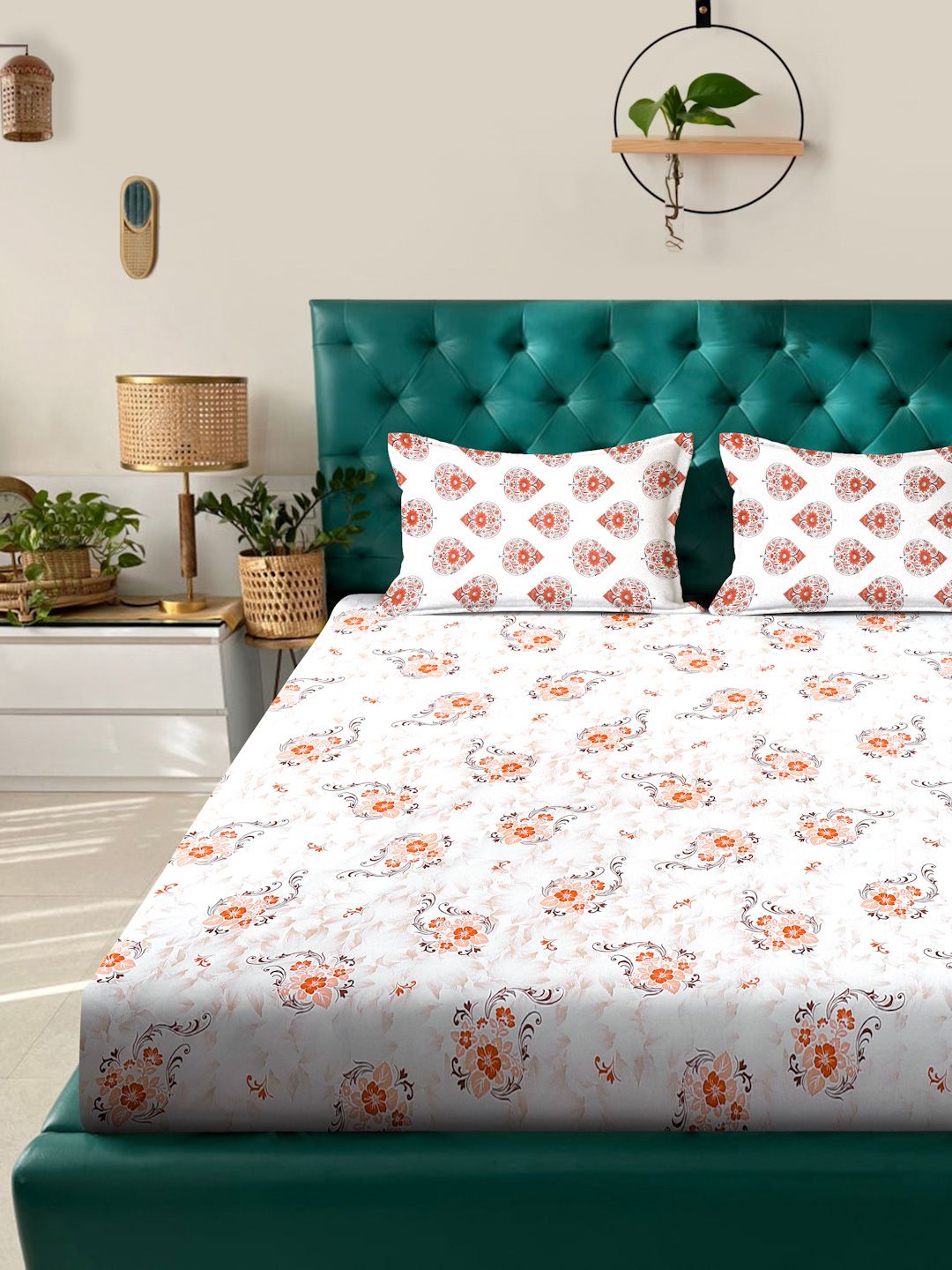 Myntra Elegant Homes Orange Floral Fitted 400 TC Cotton Set Cadar King 2.50 m x 2.25 m