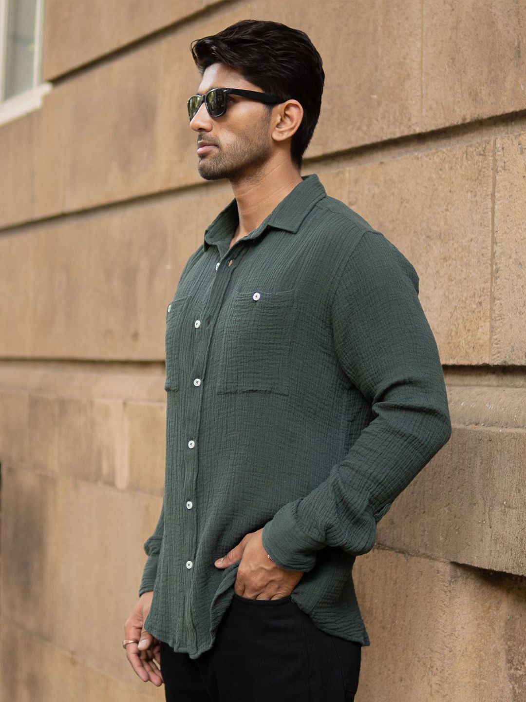Powerlook Men Textured Spread Collar Cotton Casual Shirt