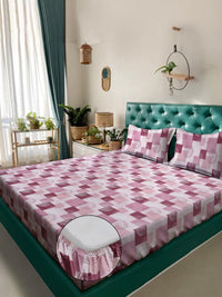 KLOTTHE Pink Geometric Printed Dilengkapi 400 TC Kapas Cadar King & 2 Sarung Bantal