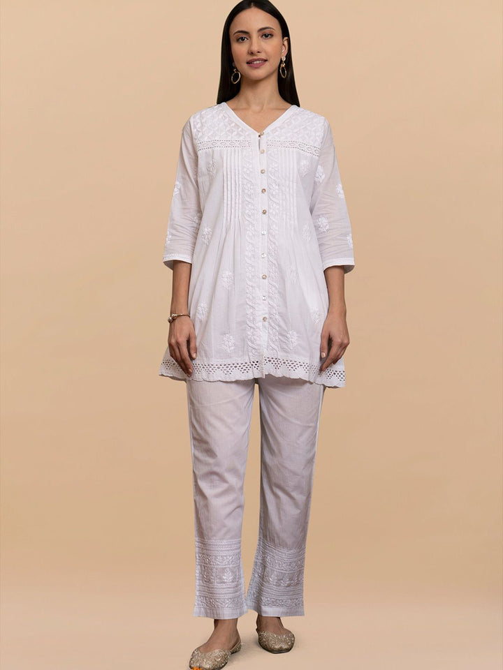 HOUSE OF KARI Floral Embroidered Cotton Chikankari Short Kurta