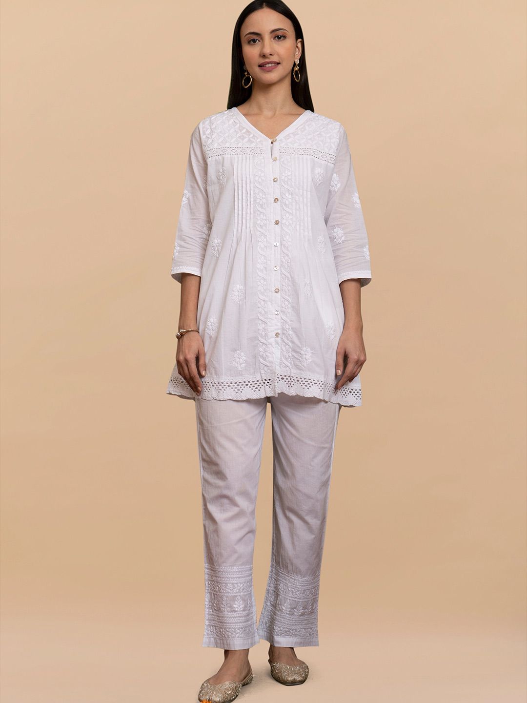 HOUSE OF KARI Floral Embroidered Cotton Chikankari Short Kurta