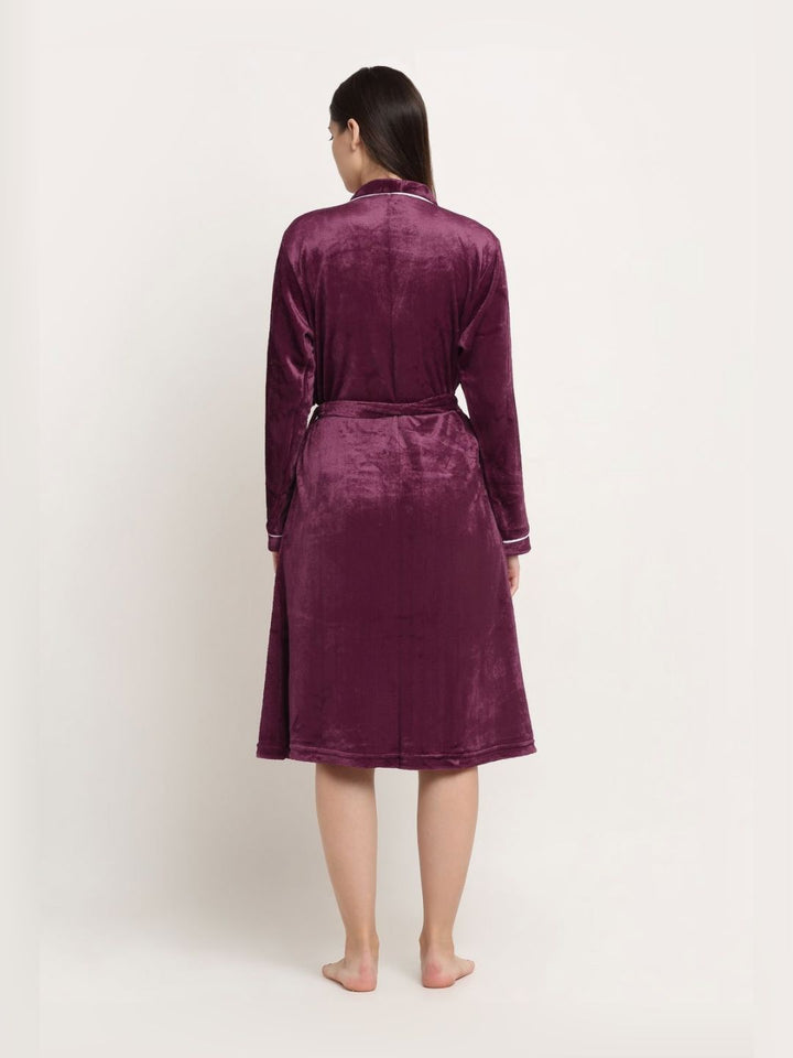 KLOTTHE Maroon & White Woollen Bath Robe With Belt