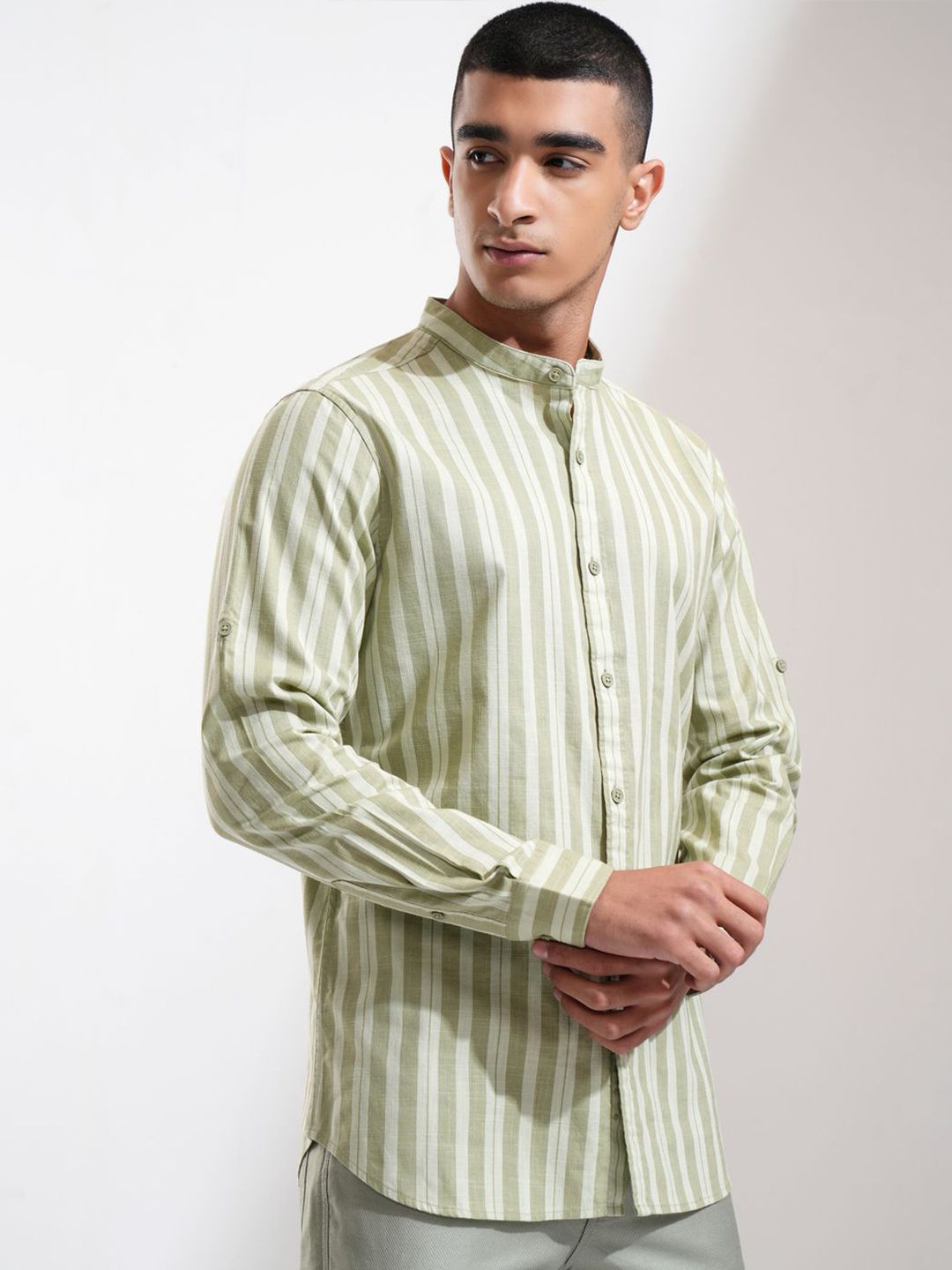 Highlander Men Cotton Linen Printed Striped Mandarin Collar Roll Up Sleeve Casual Shirt