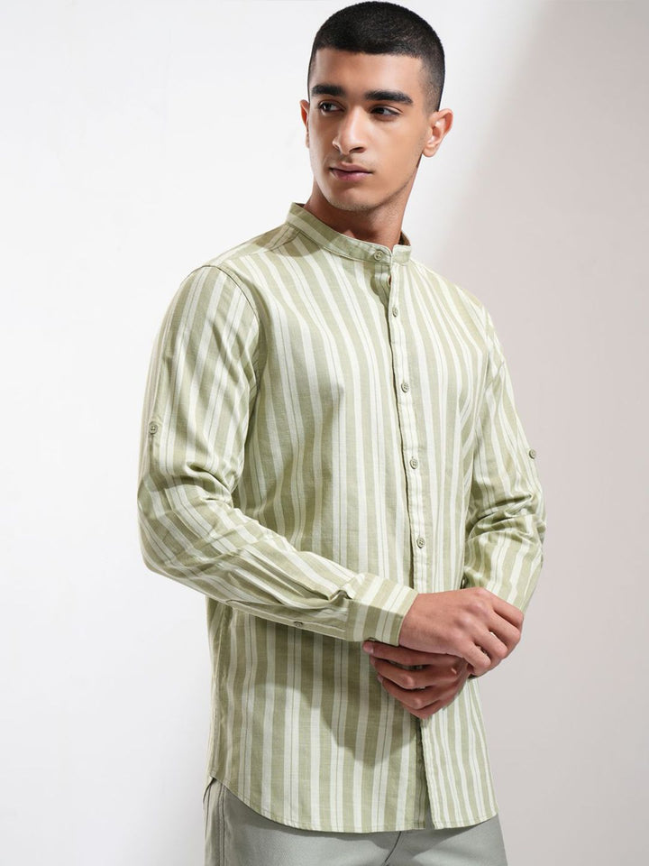 Highlander Men Cotton Linen Printed Striped Mandarin Collar Roll Up Sleeve Casual Shirt