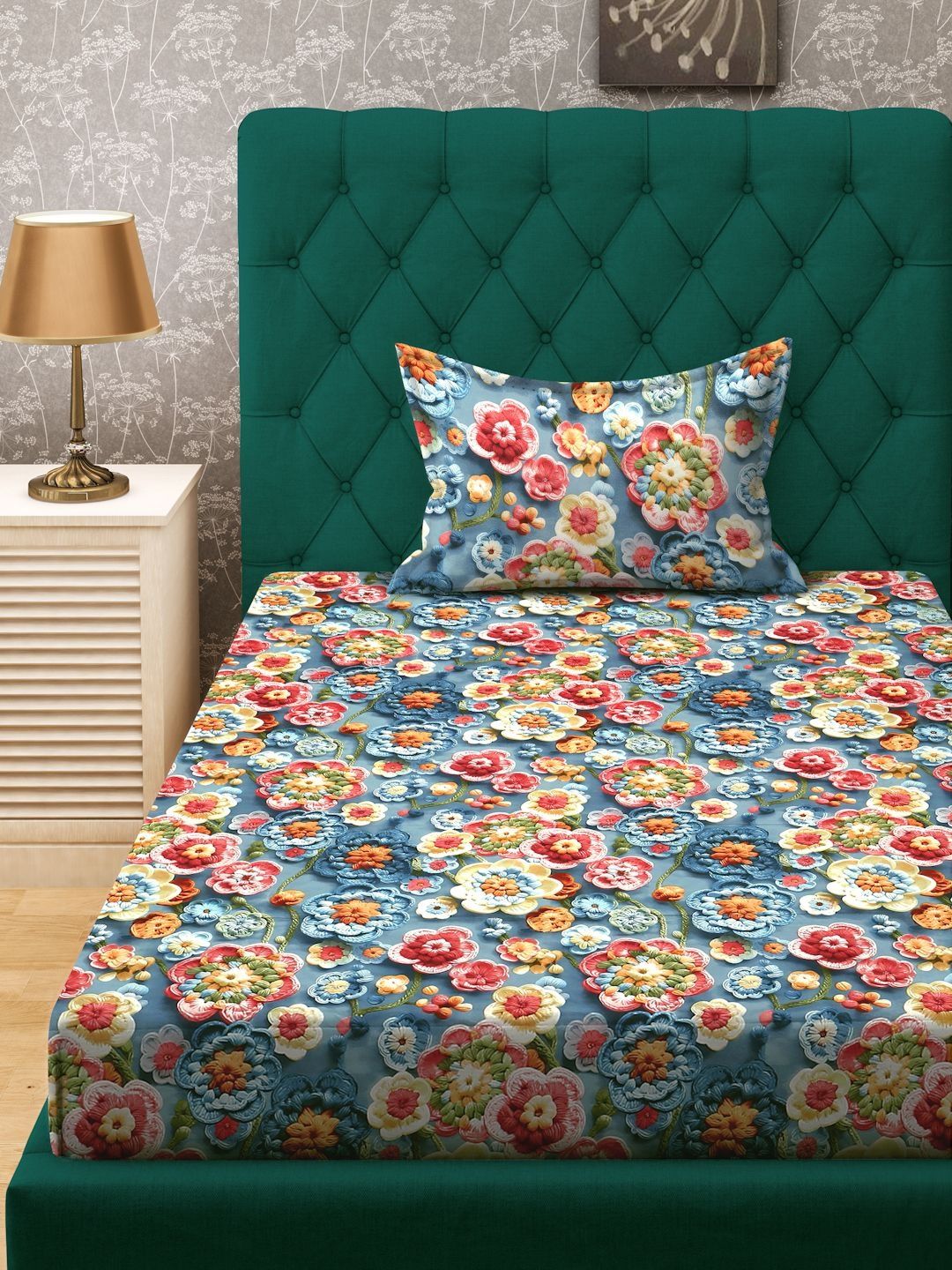Myntra Elegant Homes Biru Dilengkapi Cadar 7D Single 300 TC Dengan 1 Sarung Bantal-225X150 cm