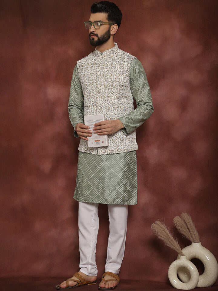 Anouk Ethnic Motifs Embroidered Regular Thread Work Kurta with Churidar & Nehru Jacket