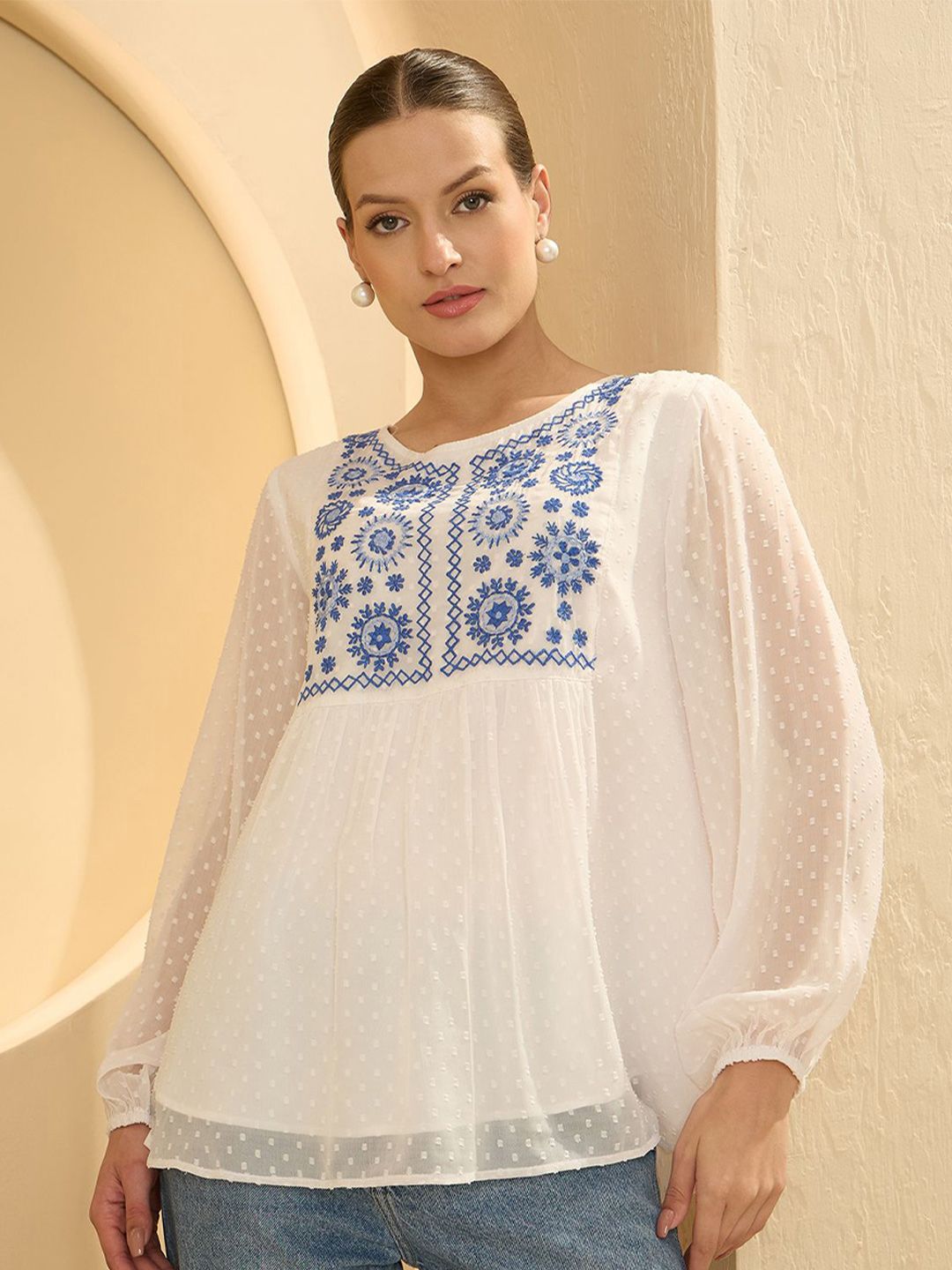 Antheaa Embroidered Self Design Chiffon Empire Top