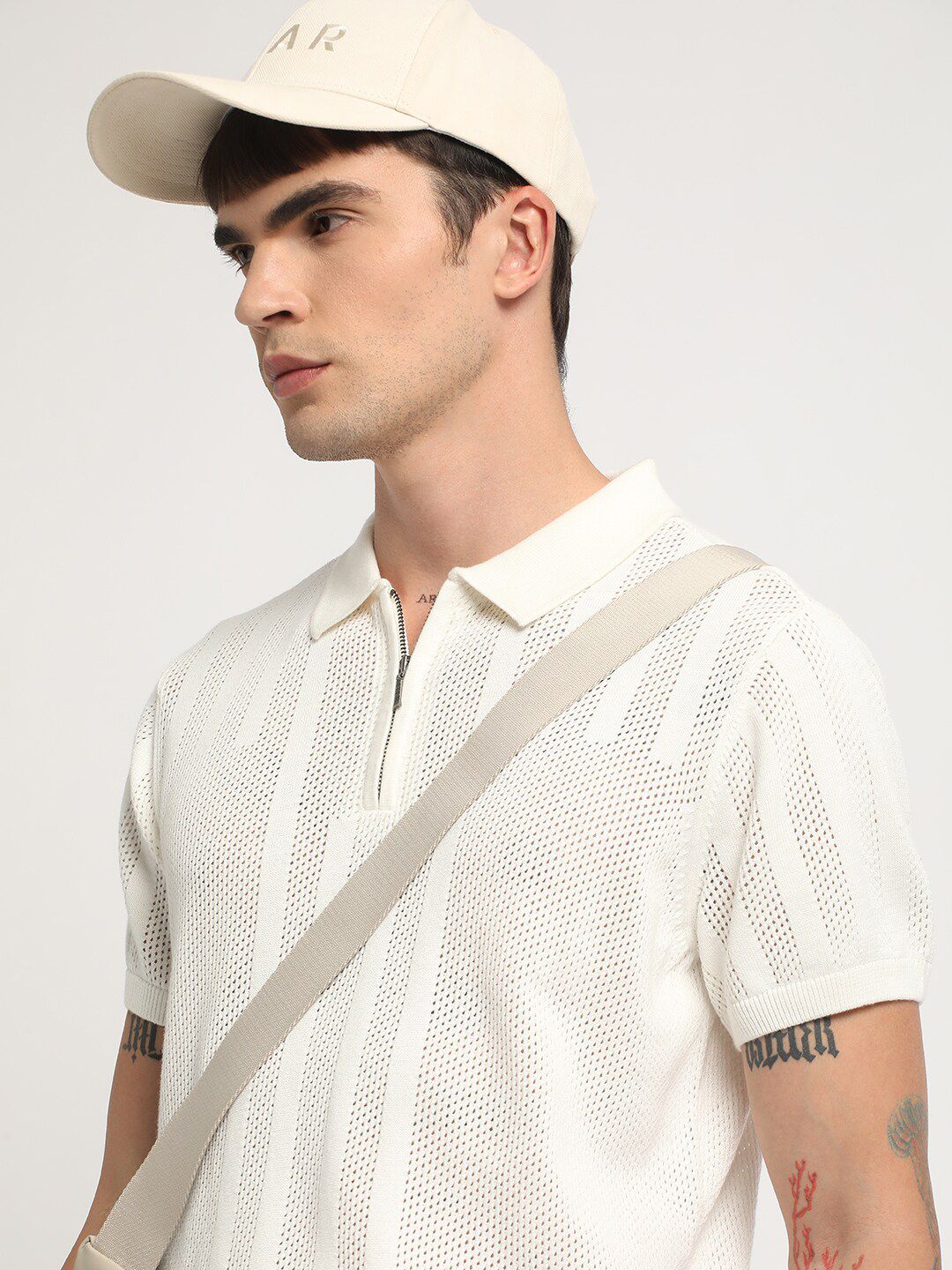 THE BEAR HOUSE Self Design Relaxed Fit Cotton Polo Collar T-shirt