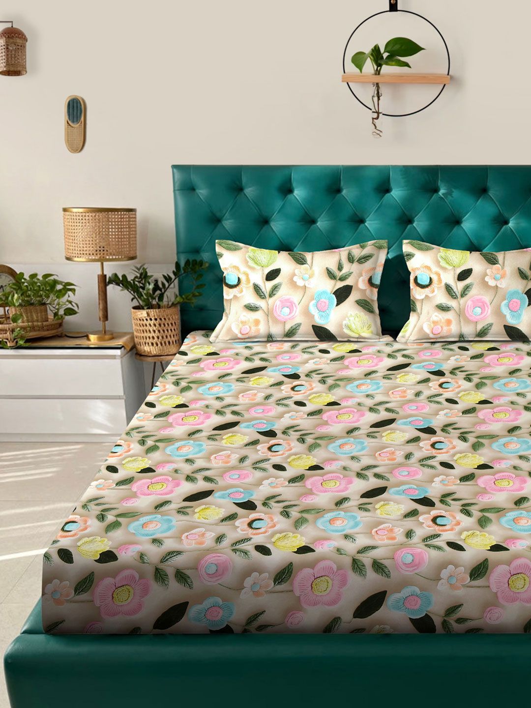 KLOTTHE Beige & Pink Floral Printed Fitted 300 TC King 7D Bedsheet With 2 Pillow Cover