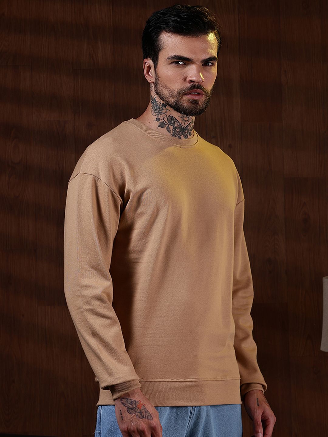 Eszett Lelaki Cotton Solid Leher Bulat Sweatshirt