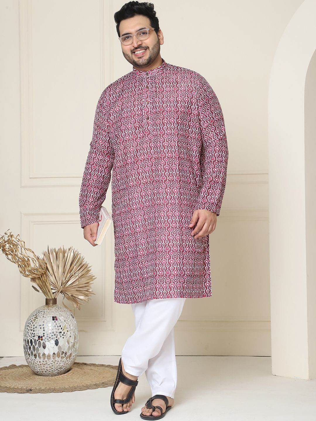 SOJANYA PLUS Ethnic Motifs Band Collar Straight Kurta With Pyjamas