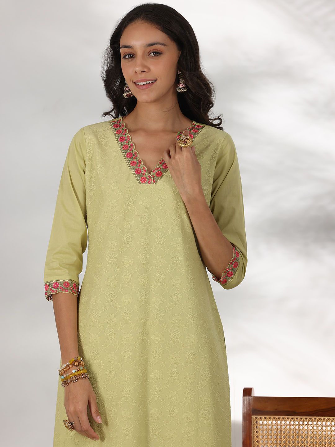 Libas Floral Embroidered Thread Work Pure Cotton Straight Kurta With Palazzos & Dupatta