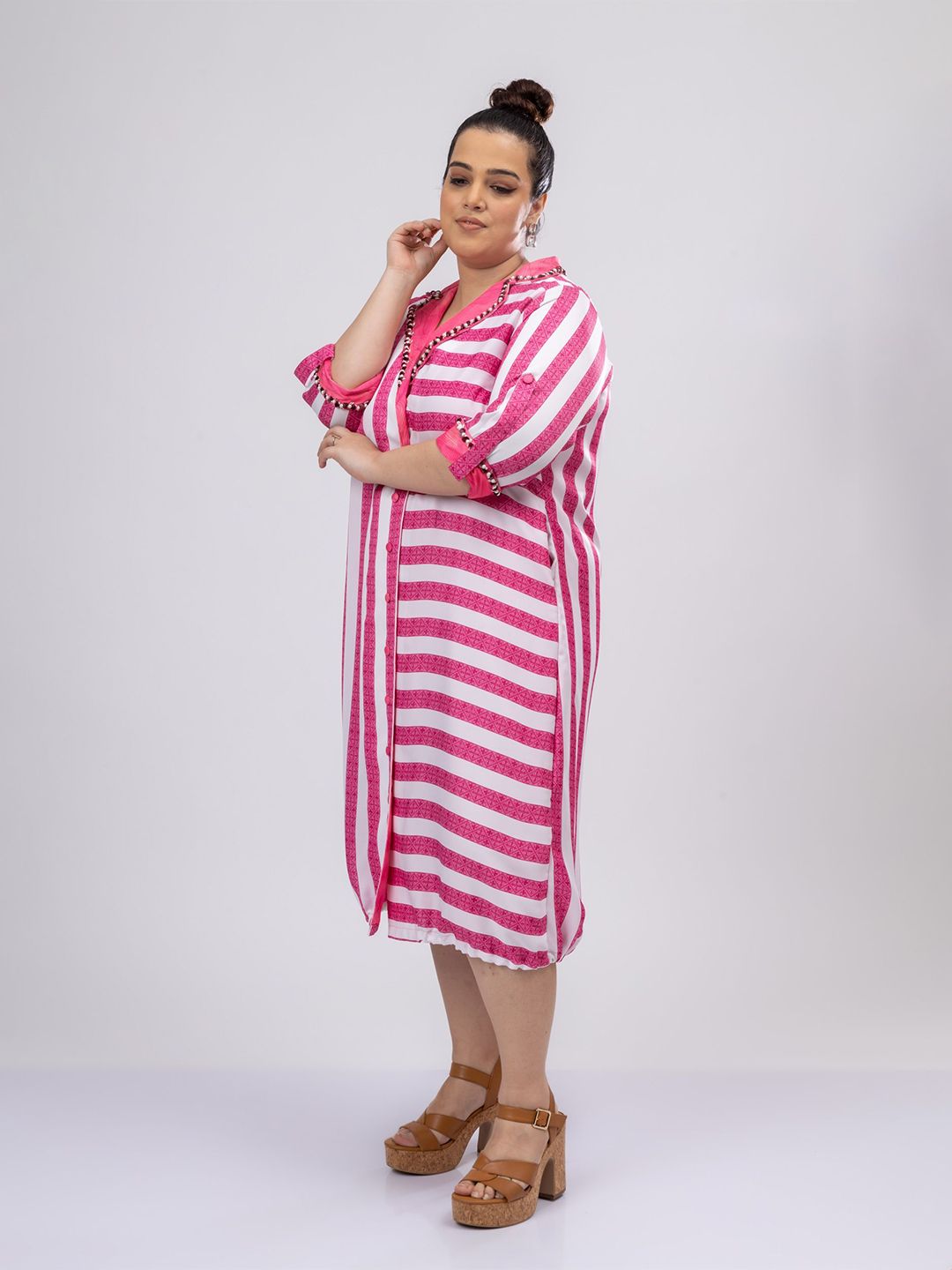 Mamicha Women Striped Shirt Collar Roll-Up Sleeves Midi Shirt Dress