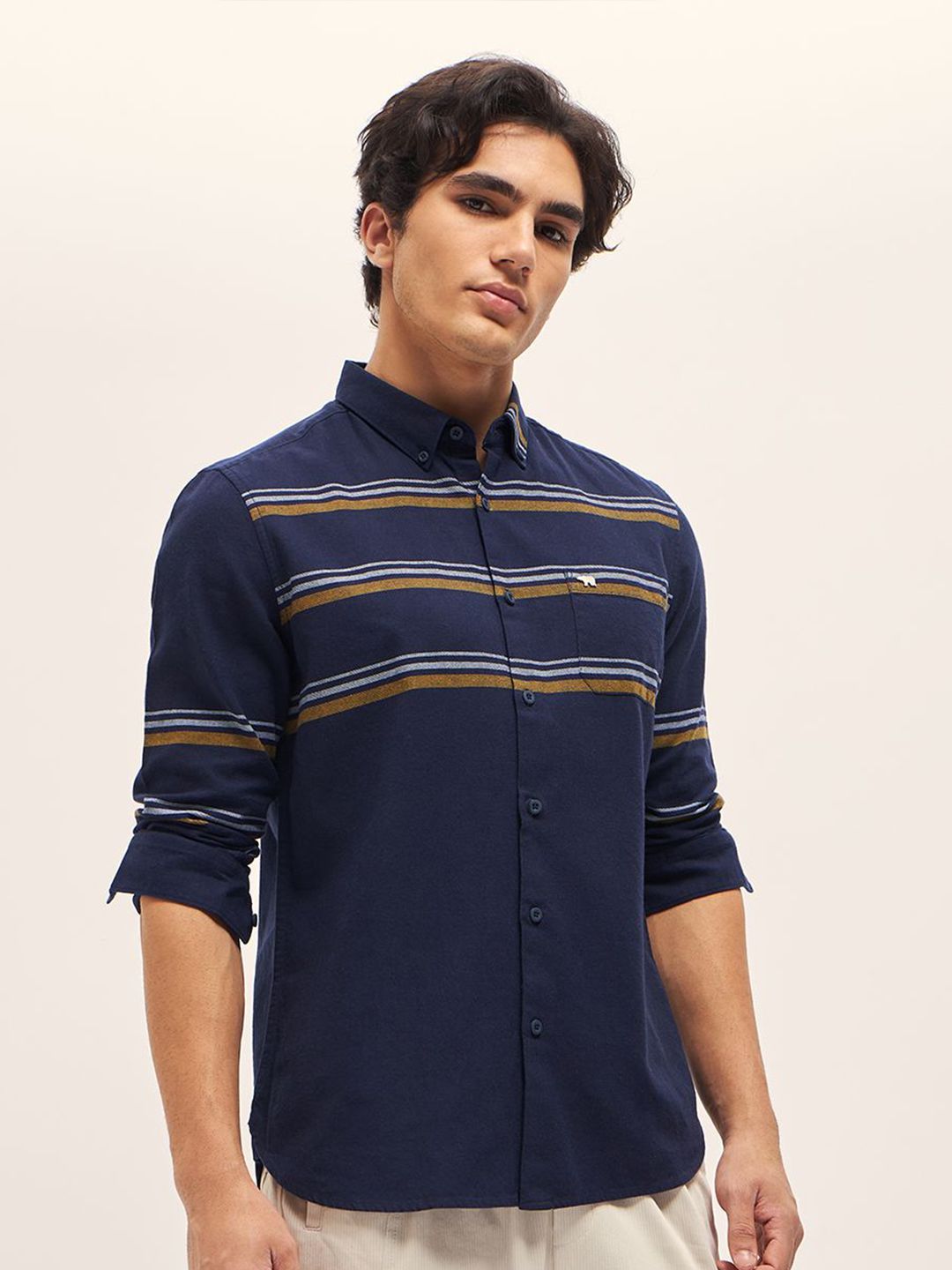 THE BEAR HOUSE Men Button-Down Collar Multi Striped Cotton Slim Fit Casual Shirt