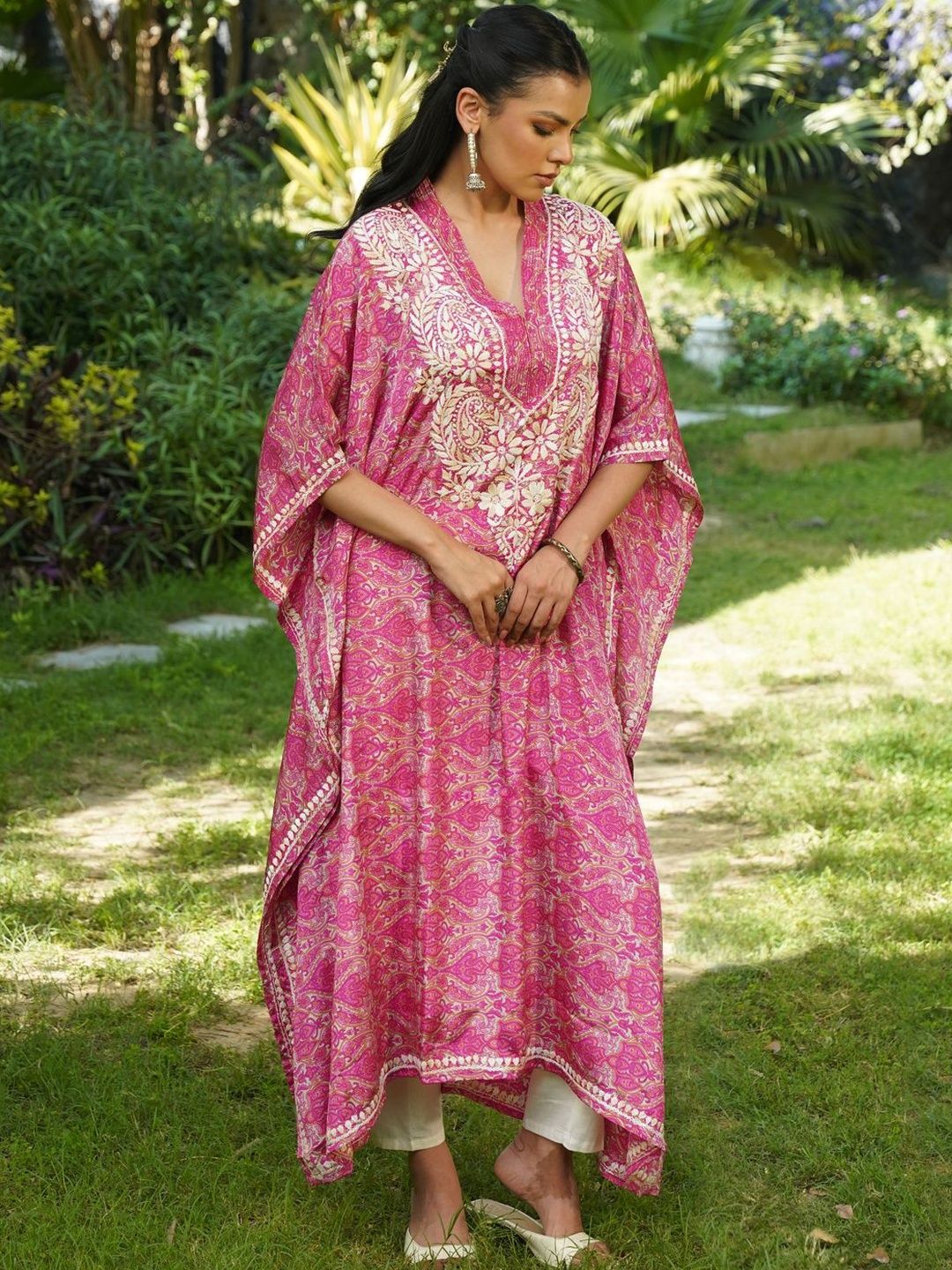 House of Chikankari Women Printed Chikankari Crepe Kaftan Kurta