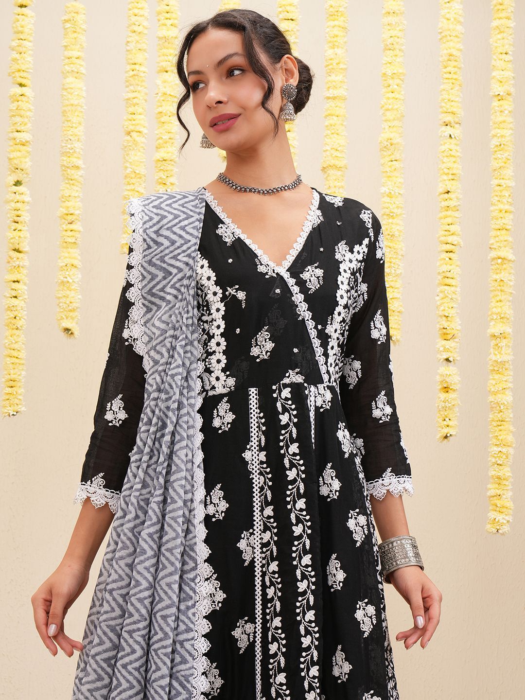 Vishudh Floral Embroidered Pure Cotton Anarkali Kurta & Trousers With Dupatta