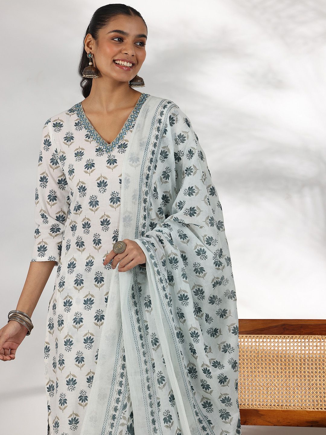 Libas Floral Printed Mirror Work V-Neck Pure Cotton Straight Kurta with Palazzo & Dupatta