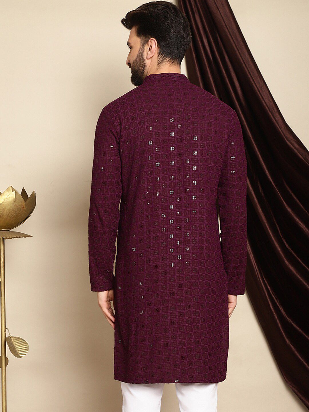 Anouk Burgundy Ethnic Motifs Embroidered Pure Cotton Sequined Straight Kurta