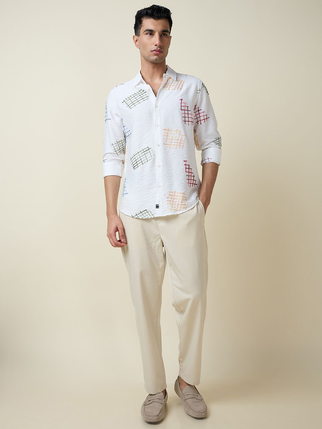 Thomas Scott Men Premium Fit Spread Collar Textured Casual Shirt