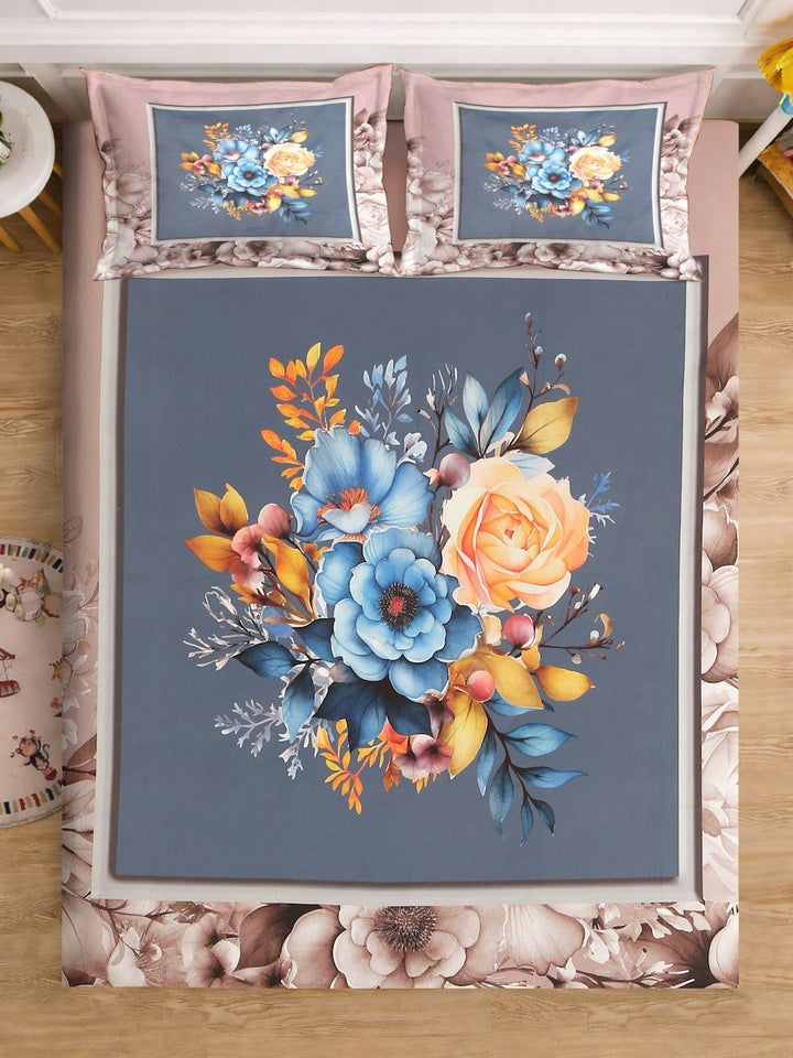 KLOTTHE Brown & Blue Printed 400 TC Double Bedsheet With 2 Pillow Covers-98.4 x 88.5 Inch