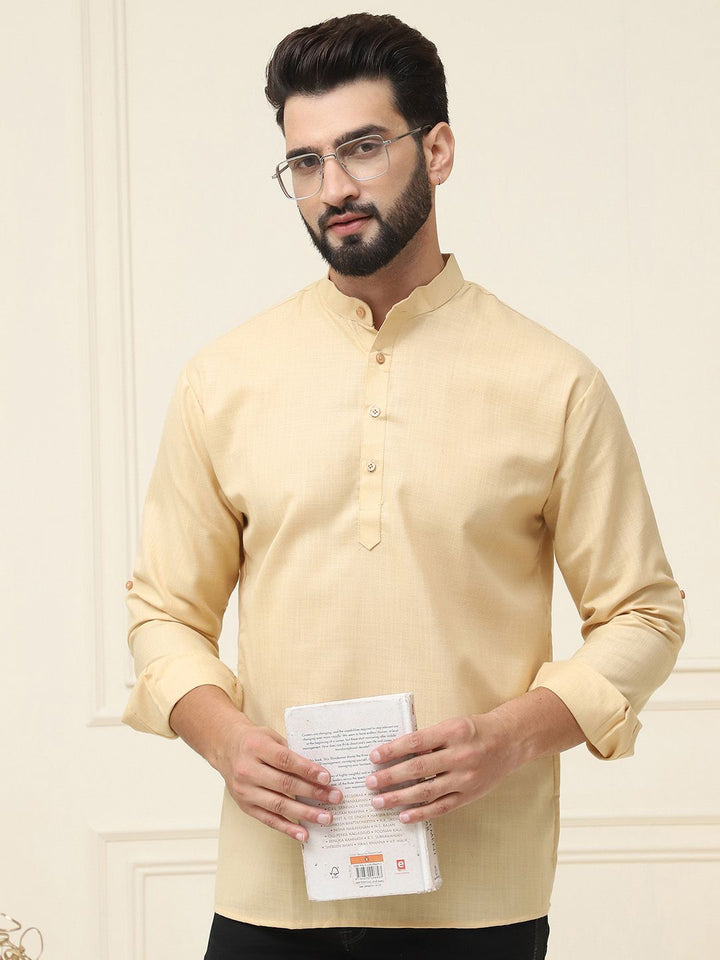 SOJANYA Band Collar Neck Roll-Up Sleeves Regular Pure Cotton Straight Kurta