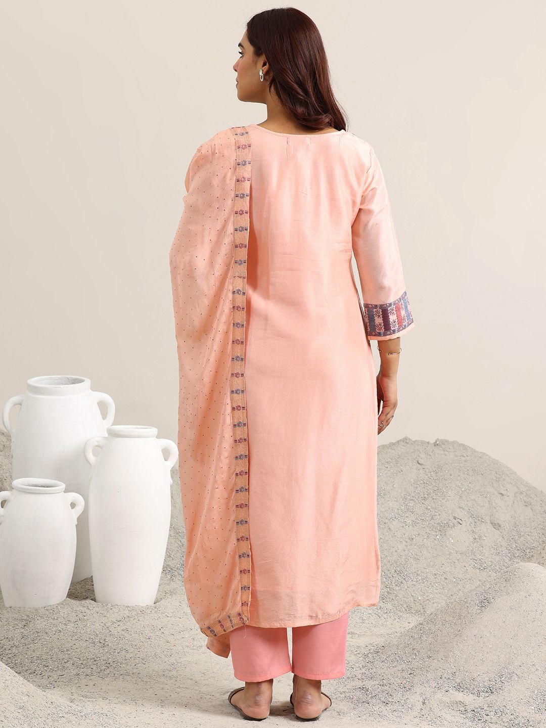 Libas Floral Woven Design Round Neck Regular Straight Kurta With Trousers & Dupatta