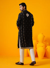 SOJANYA LUXE Kolar Mandarin Sulam Geometrik Kurta Lurus Sutera Tulen Dengan Seluar