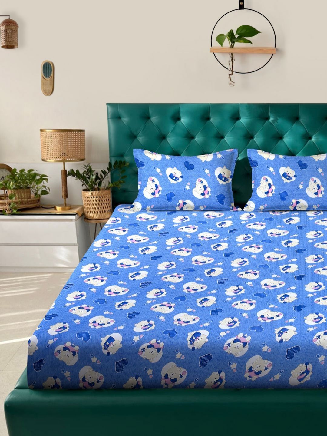 KLOTTHE Blue Conversational Pure Cotton 400 TC Dilengkapi Cadar King Superfine dengan 2 Sarung Bantal-98 x 89 inci