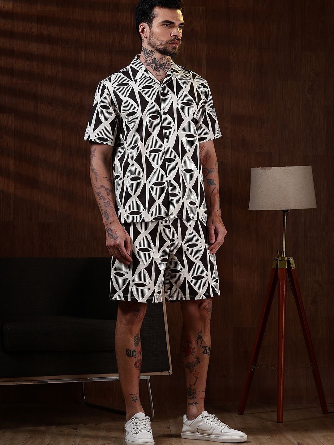 Eszett Geometric Printed Spread Collar Pure Cotton Shirt With Shorts Co-Ord Set