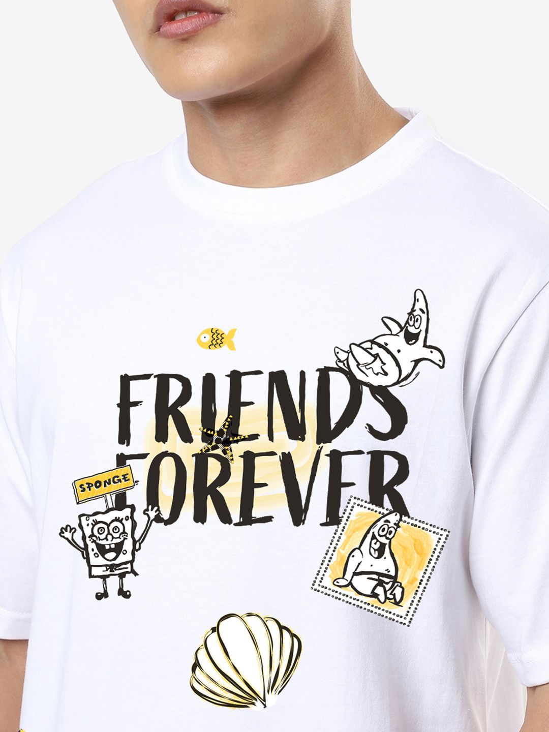 Bewakoof Men Graphic Printed Round Neck Pure Cotton Oversized Spongebob T-shirt