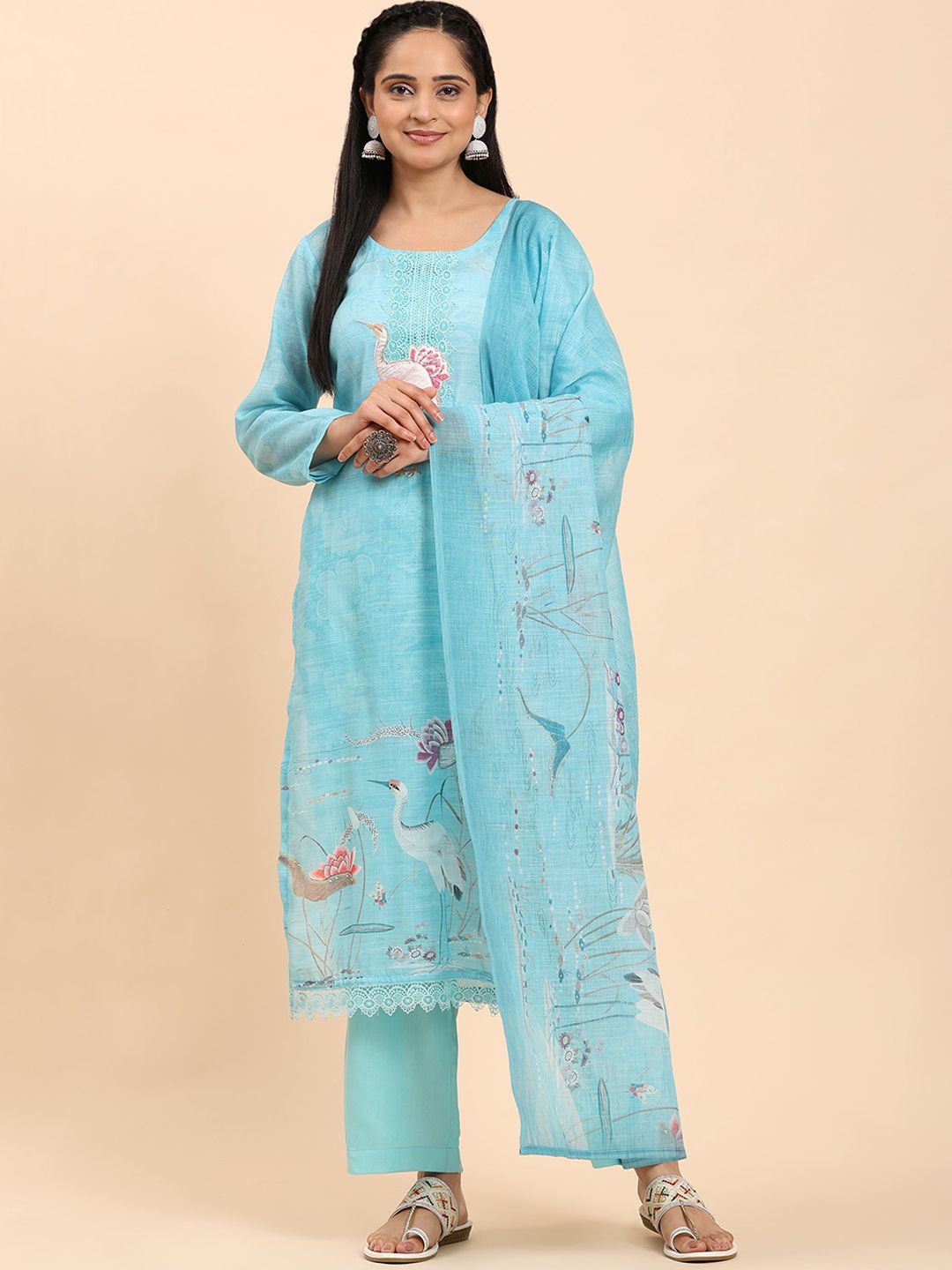 Mamicha Women Ethnic Motifs Embroidered Regular Thread Work Pure Cotton Kurta with Palazzos & With Dupatta